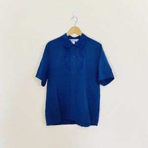 🌿 Vintage | Navy Embroidered Short Sleeve Blouse